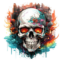 A skull head t-shirt design set in a cyberpunk megacity, where the skull is integrated into the holographic cityscape, Generative Ai