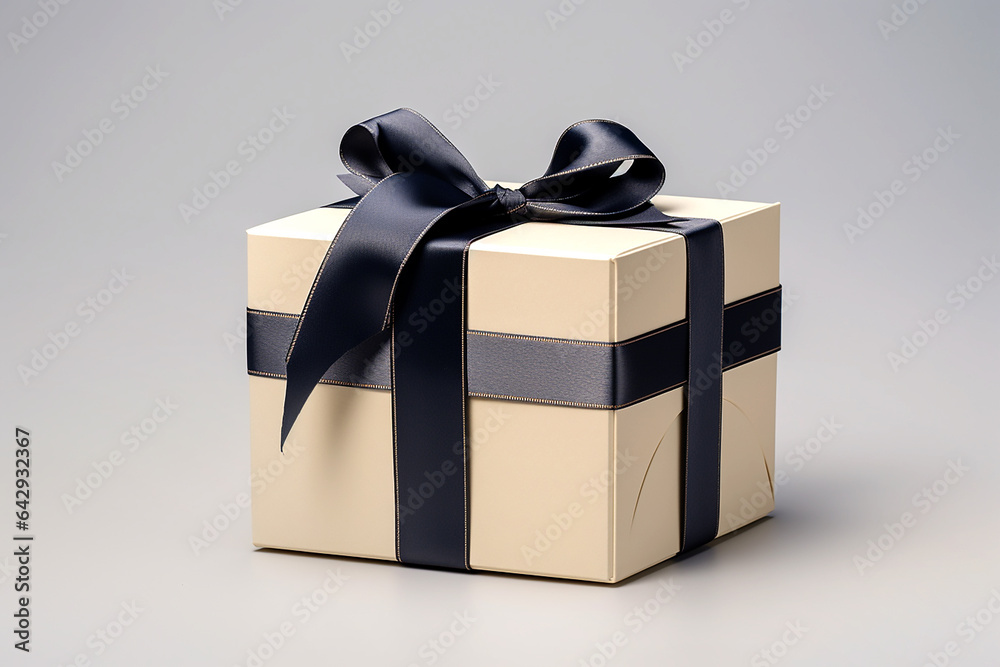 Wall mural beige gift box with black bow on gray background. generative ai