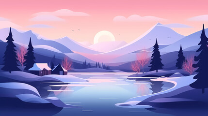 Beautiful winter landscape background.Snowy mountain,ice lake ,little house background.cartoon style vector illustration.