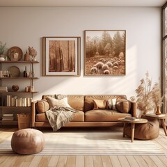 a living room with wood flooring and brown leather couches, two framed pictures on the wall above them