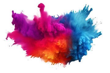 Abstract watercolor splash, multicolor holi splatted powder explosion, colored cloud isolated on transparent background PNG