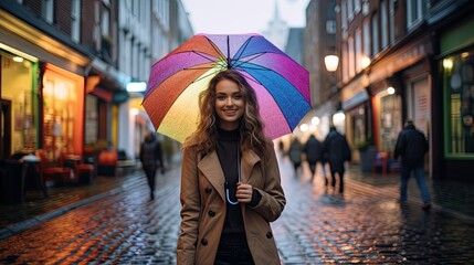 LGBTQ model with a rainbow umbrella, walking in the rain on cobbled streets