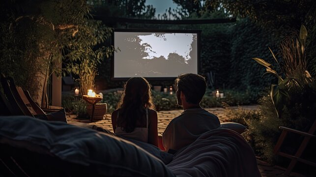 LGBTQ couple sharing a blanket, watching a movie on an outdoor projector, amidst a garden