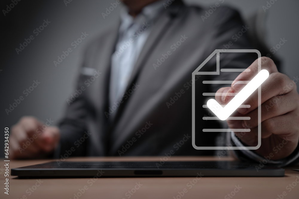 Poster businessman using electronic pen tick correct sign mark on virtual document for online approve paper