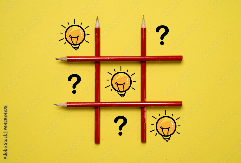 Poster glowing drawing lightbulb and question mark on tic tac toe table for creative thinking innovation id