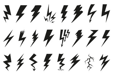 Black lightning icon collection. Bolt, power, thunder, charge, storm symbol. Set of thunderbolt icon - obrazy, fototapety, plakaty
