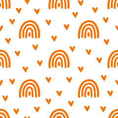 Seamless pattern with orange rainbows and hearts