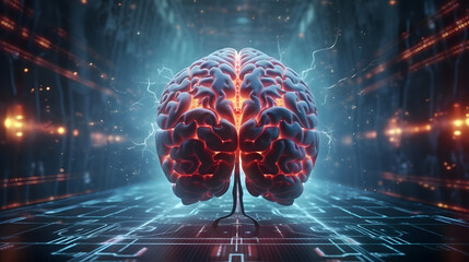 Digital render of AI human Brain - digital brain exchanging data