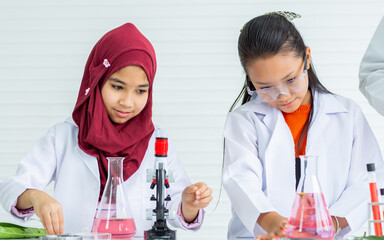 Two diverse multiethnic little girls wearing white ground uniform, hijab, headscarf, studying science in classroom at school, using stethoscope for research plants, happily smiling. Education Concept.