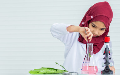 Portrait Asian little sweet girl wearing hijab, headscarf, white ground uniform, studying Science in class room at school, doing experiment, smiling, looking camera with copy space. Education Concept.