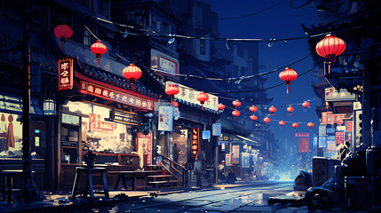 Illustration of a Chinese city with traditional architecture - obrazy, fototapety, plakaty