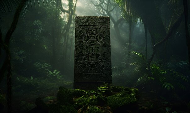 ancient inscriptions in old and mossy green rainforest generative ai
