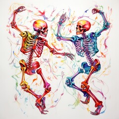 Skeletal Rhapsody: An Energetic Display of Linework and Rainbow Hues on a White Canvas