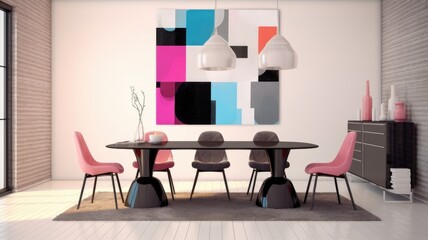 Interior design inspiration of Contemporary Retro style home dining room loveliness decorated with Glass and Plastic material and Pop Art Wall Art .Generative AI home interior design .