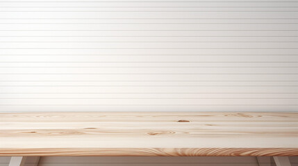 Wooden table top on white wooden strriped line wall background. For product display. High quality photo - obrazy, fototapety, plakaty