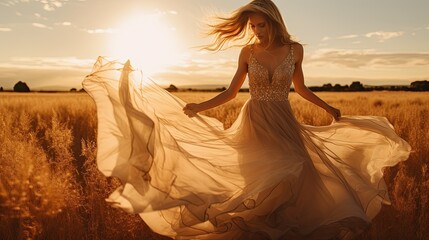 Fototapeta na wymiar Model in an open field, presenting a flowing, ethereal dress against a setting sun