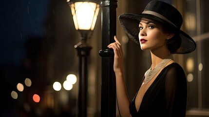 Model leaning against a lamppost, showcasing a modern twist on a classic 1920s style