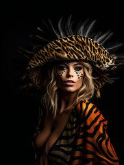 Naklejka na ściany i meble Partying woman portrait with safari or animal theme style. Isolated black background.. Generative AI.