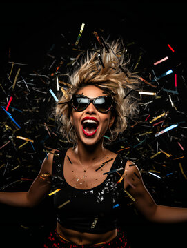 Partying woman portrait with wild theme style. Isolated black background.. Generative AI.