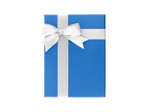 blue rectangle gift box with white ribbon bow isolated on transparent