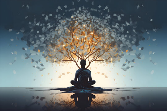Visualize the impact of self-reflection and mindfulness on mental health. a person sitting in meditation, with an abstract tree extending from their head. Each leaf represent a mindful thought