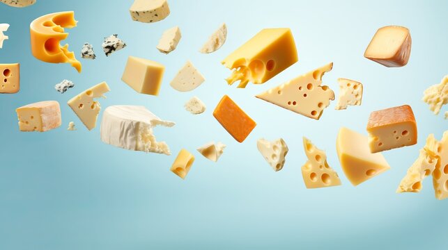 a clean detailed studio photo of assortment of cheeses flying in the air: blue cheese, cheddar, emmental, french soft cheese with strong smell, italian parmesan. Food ingredient levitation