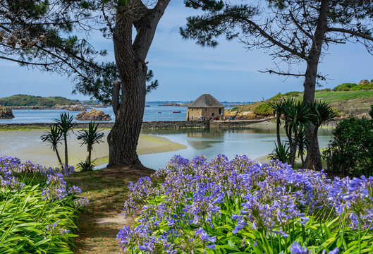 Urlaub in der Bretagne, Frankreich: Die wundersch&ouml;ne besondere Ausflug Insel &Icirc;le de Br&eacute;hat - Blick auf die M&uuml;hle Moulin &agrave; mar&eacute;e du Birlot