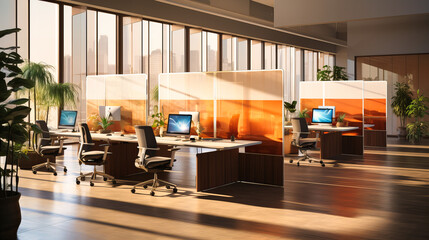 Open workspace with acoustic panels, dividers, and task lighting