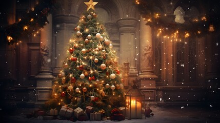 A beautifully decorated Christmas tree surrounded by presents and twinkling lights