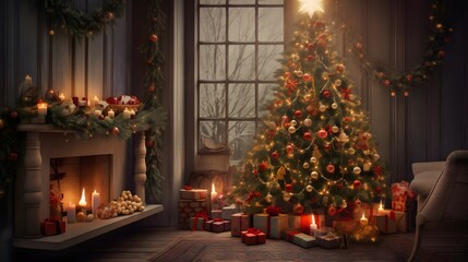 A beautifully decorated Christmas tree in a cozy living room