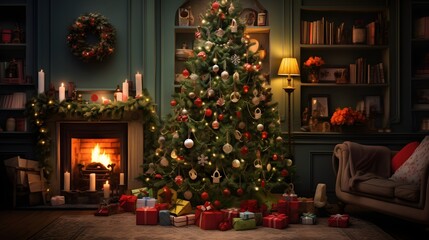 Fototapeta na wymiar A beautifully decorated Christmas tree in a cozy living room