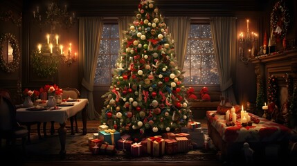 Obraz na płótnie Canvas A beautifully decorated Christmas tree in a cozy living room