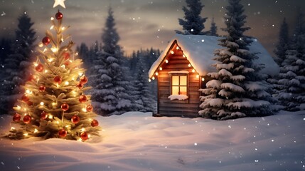 A cozy cabin nestled among snow-covered trees during the holiday season - obrazy, fototapety, plakaty