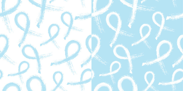 Calligraphic Light Blue Awareness Ribbon Seamless and repeatable pattern on white and light blue backgrounds. Editable and scalable Vector Illustration.

