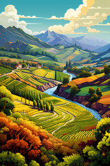 Illustration of a beautiful view of the vineyard terraces - obrazy, fototapety, plakaty