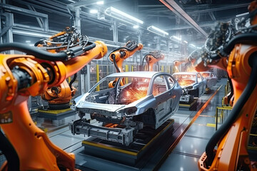 car factory: Robot arms construct advanced electric vehicles