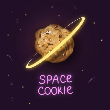 Realistic chocolate space cookie with cartoon doodles. Food image with planet