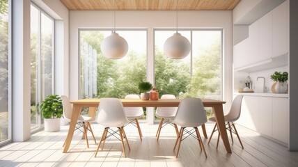 Interior design inspiration of Minimalist Scandinavian style home dining room loveliness decorated with Wood and Metal material and Natural Light .Generative AI home interior design .