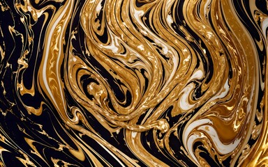 A Luxurious Black Marble Background with Liquid Patterns and a Stunning Golden Wave Splash ai generated