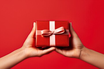 Hand holding red Gift box , christmas gift , happy new year, Generative Ai