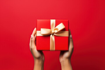 Hand holding red Gift box , christmas gift , happy new year, Generative Ai - obrazy, fototapety, plakaty