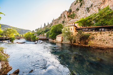 Buna River spring in the town of Blagaj near Blagaj Tekija house. Blagaj, Mostar basin, Bosnia and...