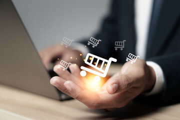 ecommerce, online shopping concept, man use smartphone to purchase products from online stores, online business, convenience.