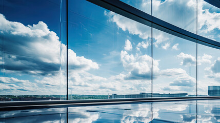 View of the clouds reflected in the curve glass office building.