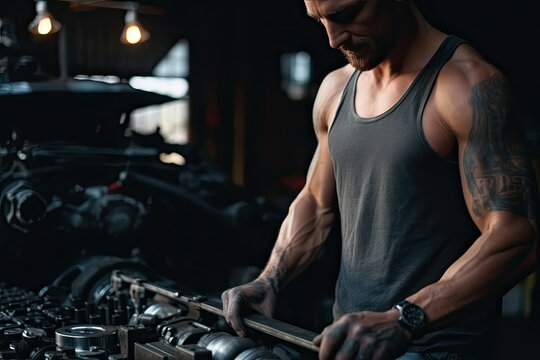 Automotive Mechanic Job. Caucasian Auto car Service Worker and the Vehicle