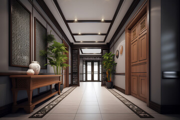 Fototapeta na wymiar China style hallway interior in luxury house.