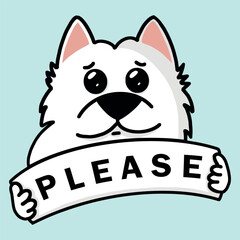 Cute dog asking for. Banner sign in the form of cartoon character, vector illustration