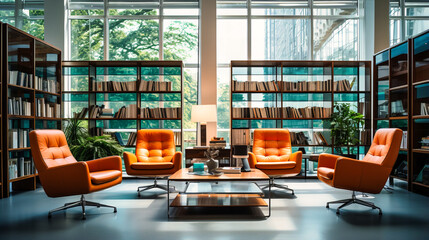 Office library with shelves of business books and comfortable reading chairs