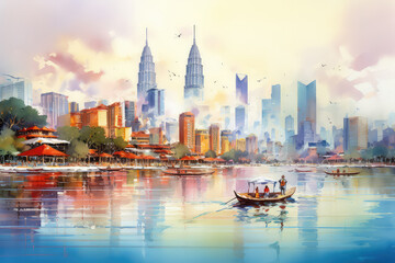 Fototapeta premium oil painting on canvas, Kuala lumpur city skyline in the morning, Kuala lumpur Malaysia (ai generated)