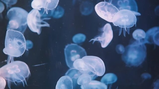 Jellyfish is swimming in an aquarium with multicolored lights.